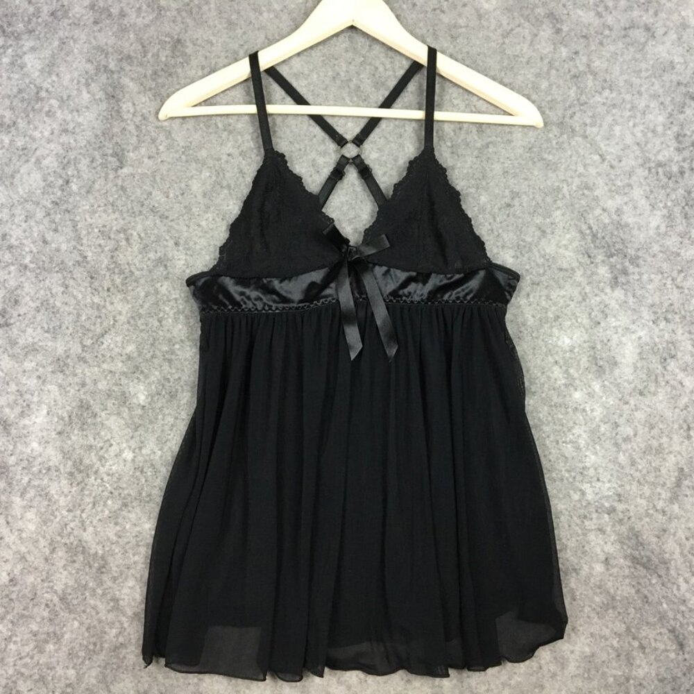 Escante Baby Doll Teddy S Womens Chiffon Satin Black Lace Bow Front Lingerie